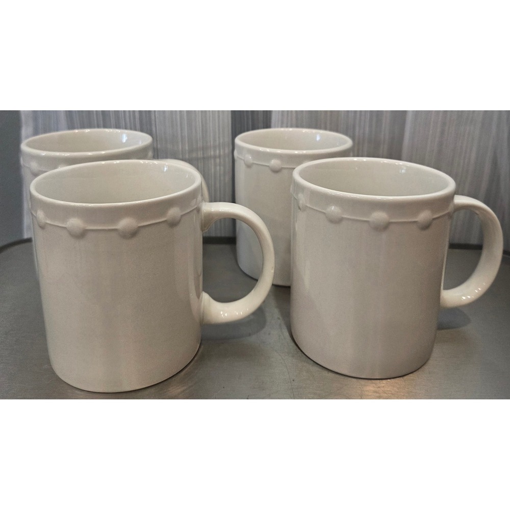 Oneida Evening Pearls White Stoneware Mugs Set of 4 Raised Dot Trim 12oz